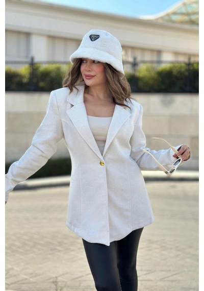 Kadın Beyaz Astarlı, Tek Düğme, Vucüda Oturan Kalıp, Fitilli Kaşe Kumaş Blazer Ceket Beyaz