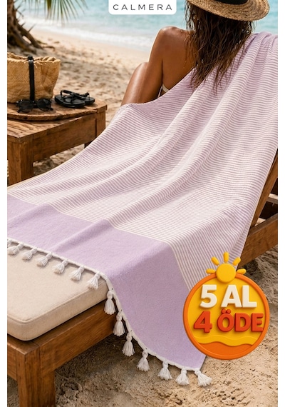 Calmera Çizgili Peştemal Pamuk - Doğal Saçaklı Plaj, Deniz, Havuz, Spa, Sauna, Spor, Seyahat Havlu - Lila