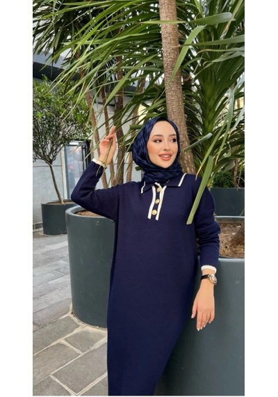 Modasehle Kadın Oversize Yaka Düğmeli Triko Elbise Lacivert