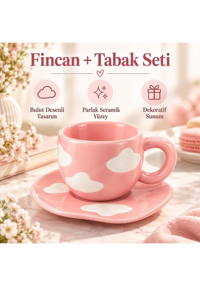 Valkyrie Bulut Desenli Pembe Kahve Fincanı Ve Tabağı Seramik Şık Sunum Seti