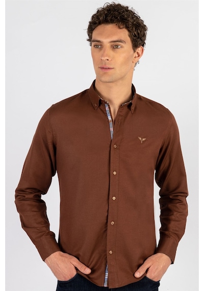 Tudors Slim Fit Dar Kesim Uzun Kol Erkek Gömlek-23458 Kahverengi