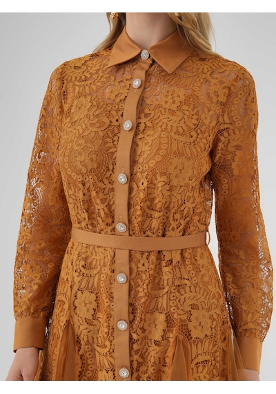 Serpil Exclusive Dantel Ve Tül Detaylı Uzun Kollu Belden Kuşaklı Elbise Camel