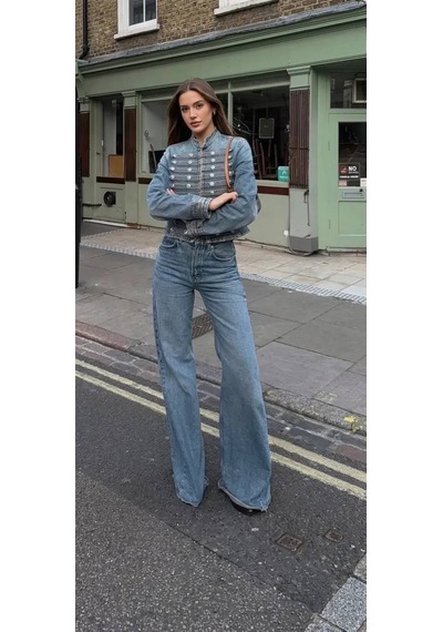Nido Moda Kadın Mavi Denim Askeri Düğme Detaylı Dik Yaka Kot Ceket