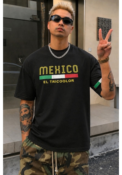 Tarz Cool Erkek Regular Baskılı Tişört Mexico Yazılı %100 Pamuk Rahat Kesim T-shirt Siyah