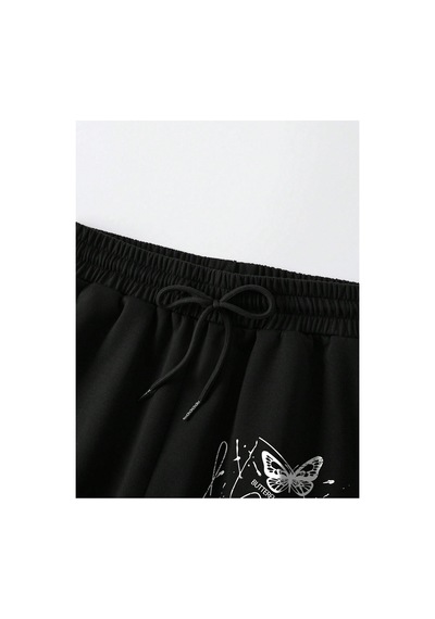 Tarzsokak Butterfly Print Drawstring Waist Drawstring Waist Şort Siyah