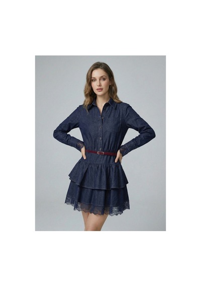 Meecy Kemerli Gömlek Yaka Dantel Garnili Jean Elbise Romantik Stil Mini Denim Elbise Lacivert Lacivert Meecy Kemerli Gömlek Yaka Dantel Garnili Jean Elbise Romantik Stil Mini Denim Elbise Lacivert Lacivert