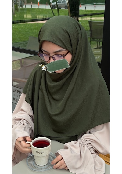 Qalortex Scarf Premium Jakarlı Hüma Büyük Boy Eşarp -haki