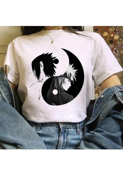 Noıssey Kırmızı Etiket Gala Naruto Uzumaki Sasuke Uchiha Anime T-shirt 11733 Beyaz