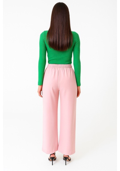 Ribana Classic Kadın Lastikli Yüksek Bel Bol Paça Kumaş Pantolon Toz Pembe
