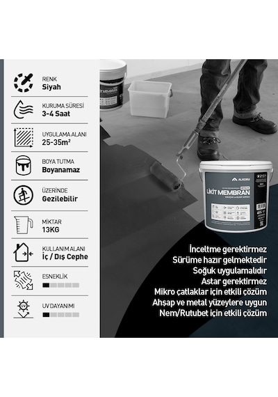 Alkoru 13 Kg Bitüm 1k Likit Membran Kauçuk Ve Elyaf Katkılı