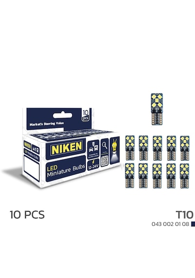 Niken 12 - 24 Volt T10 Dipsiz Beyaz 10 Ledli Ampul Takımı - 10 Adet