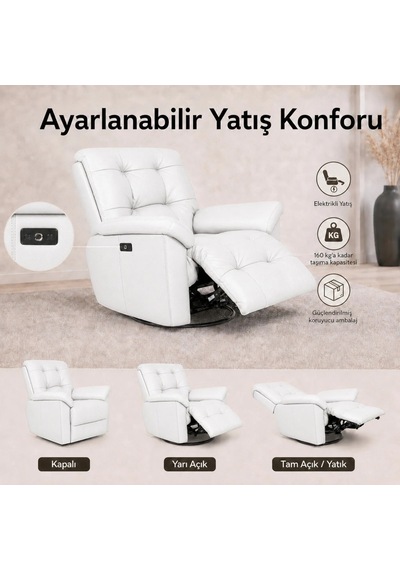 Smarto Relax Zürih Vıp Elektrikli Döner Sallanan Tv Koltuğu Kontrol Panelli Ergonomik Gerçek Deri Baba Koltuğu Beyaz
