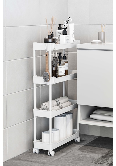 Beyaz 4 Katlı Tekerlekli Dar Düzenleyici Mutfak Ve Banyo Rafı Vesken