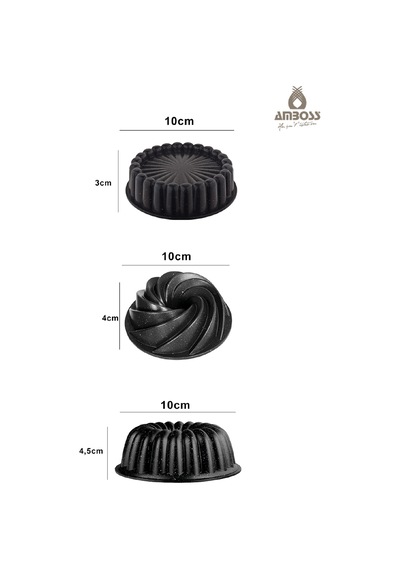 Mini Trio Family 6 Parça Döküm Mini Kek Kalıbı Seti Siyah