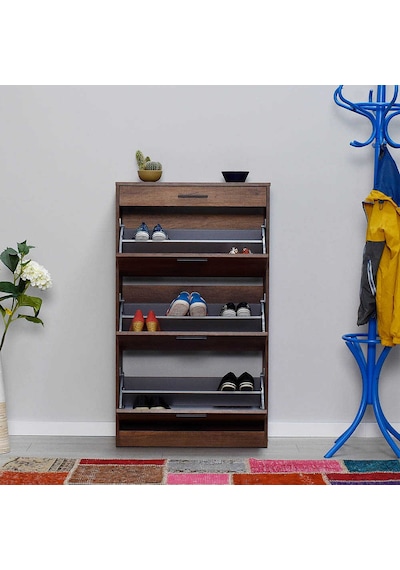 Flat Düşer Kapaklı Çekmeceli Ayakkabılık-Oslo Ceviz