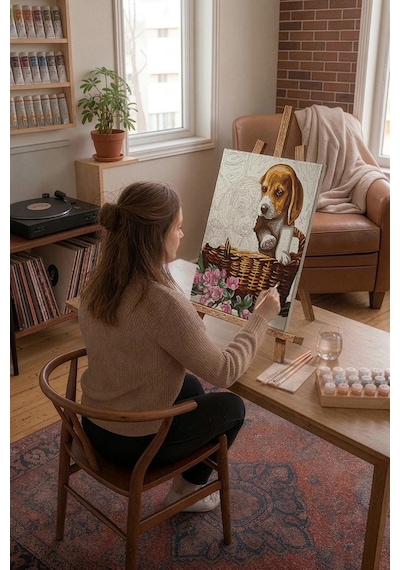 Sayılarla Boyama Seti 40 x 50 CM Tuval Şasesine Gerili Yavru Köpekler