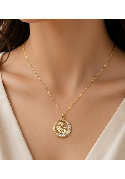 Premium Parlak Ve Şık Hilal İçinde Anne Bebek Figürlü Kadın Gold Renk 925 Ayar Gümüş Kolye 45 Cm Sarı