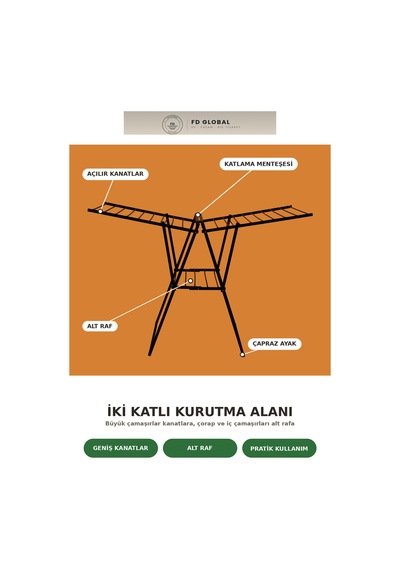 Fd Global Kanatlı Çamaşır Kurutma Askısı Kalın Borulu Alt Raflı Katlanır Kurutmalık 19 Metre Siyah Siyah