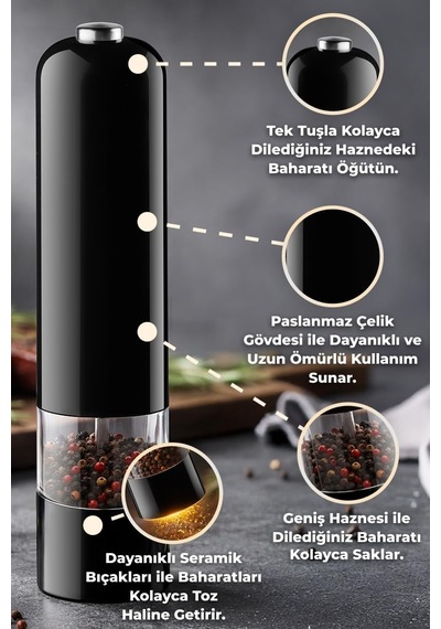 Paslanmaz Çelik Tuz & Karabiber Öğütücü Pilli - Siyah Çok Renkli