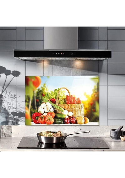 Sebze Sepeti Cam Ocak Arkası Koruyucu 49,5cm X 76cm Çok Renkli