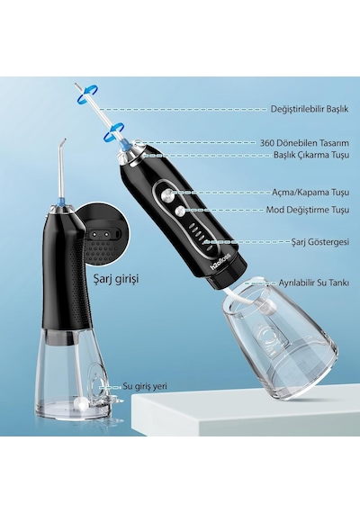 Şarjlı Kablosuz Ağız Duşu, Hızlı Ve Etkili Diş Arası Temizliği 300 Ml Su Hazneli, 5 Modlu, 6 Başlıklı, Ipx7 Su Geçirmez, Diş Taşı Temizliği Siyah