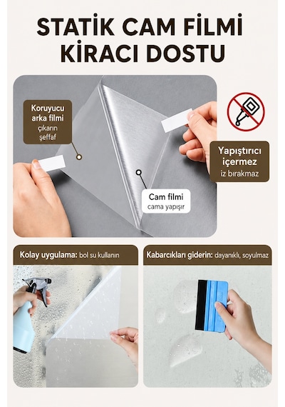 Deconitte Statik Cam Filmi Fırçalı Desen Yapışkansız Buzlu Cam Ve Duşakabin Kaplama Uv Koruma Folyo 60cmx100cm