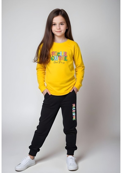 Fyk Kids Kız Çocuk Yazı Baskılı Bel Detayı Lastikli Alt-üst Pijama Takımı Sarı