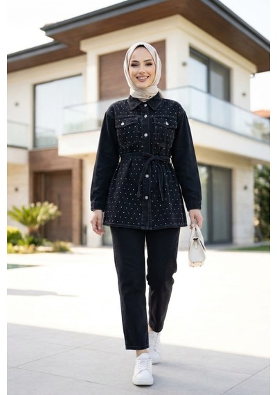 Hb Harma Time Butik Kadın Taş İşlemeli Kot Siyah Tunik Pantolon İkili Takım Siyah Siyah