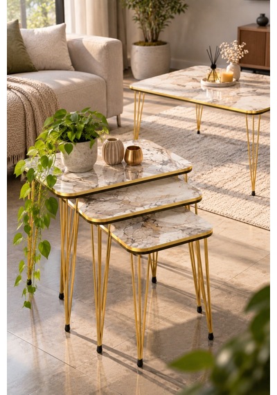 Sulorahome 4'lü Sehpa Seti Mermer Desenli Beyaz Ve Gold Metal Ayaklı Tablalar Beyaz Mermer / Ayaklar Gold