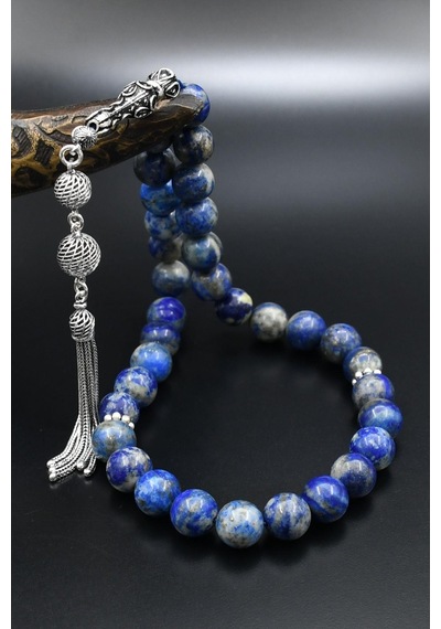 Doğal Lapis Lazuli Taşlı Tesbih 925 Ayar Gümüş Püsküllü 10mm Küre Kesim 902556