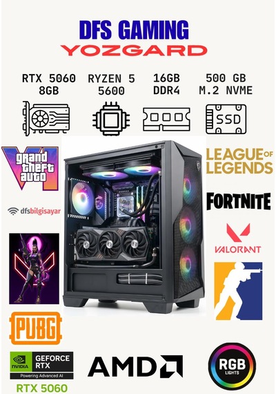 Dfs Gaming Yozgard R5-5600 16 GB 512 GB SSD RTX5060 Dos Masaüstü Oyuncu Bilgisayar