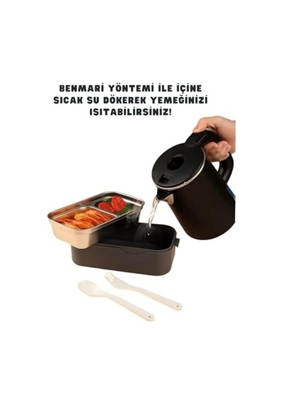 Bento 1350ml Lunchbox 2 Katlı 3 Bölmeli Ve Sosluklu Çelik Sefer Tası Yemek Kutusu Çatal Kaşık Hediyeli Lacivert Bakır