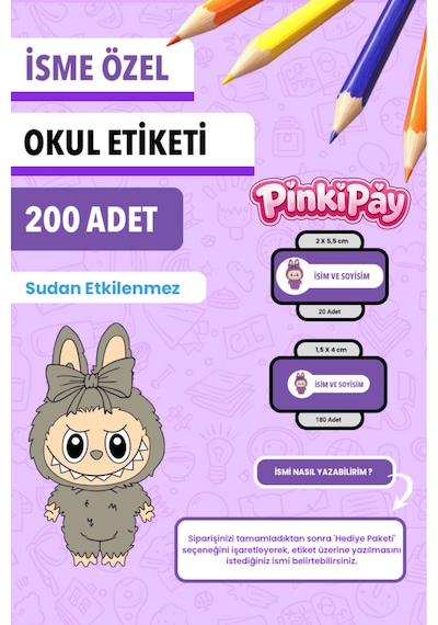 İsim Yazılabilir Labubu Temalı Kişiye Özel Okul Etiketi Kalem & Defter İçin 200 Adet Çoklu