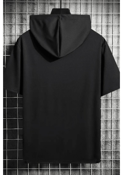 Tarz Cool Erkek Oversize Kısa Kollu Kapüşonlu Tişört Sweatshirt Siyah