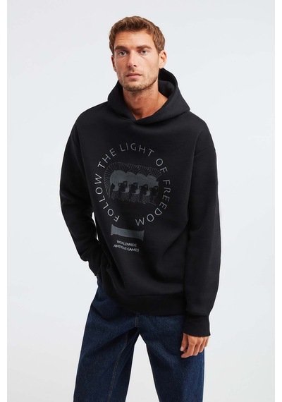 Grımelange Olympos Erkek %100 Organik Pamuk 3 Iplik Oversize Baskılı Kapüşonlu Kordonlu Siyah Sweatshirt