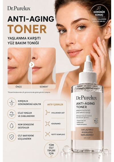 Anti Aging Yaşlanma Karşıtı Toner 200 Ml Hyaluronik Asit, Niasinamid Ve Peptit Kompleksli Sıkılaşt