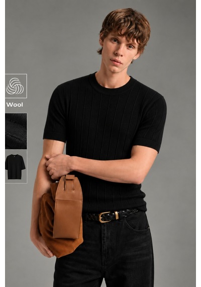 Cool Tarz Erkek Çizgili Triko Tişört Bisiklet Yaka Slim Fit Kısa Kollu Siyah Siyah