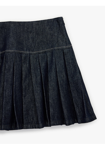 Koton Pamuklu Rahat Kesim Pileli Mini Denim Etek Koyu İndigo 6sal70021md