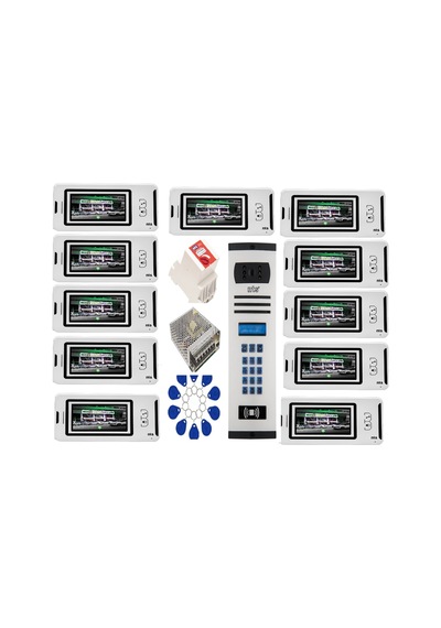 11 Daire Nts 2001-b 4,3'' Görüntülü Diafon Beyaz-8004 Tuş Takımlı Şifreli+geçişli Zil Panelli Set