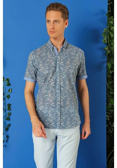 Efor Slim Fit Düğmeli Yaka Desenli Kısa Kol Pamuk Mavi Gömlek G 1499 Mavi