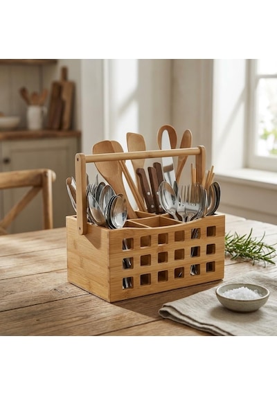 4 Bölmeli Saplı Doğal Bambu Çatal Bıçak Sepeti - Çok Amaçlı Masaüstü Organizer Mutfak Düzenleyici Ve Kalemlik Standı 23x15 Cm Çok Renkli