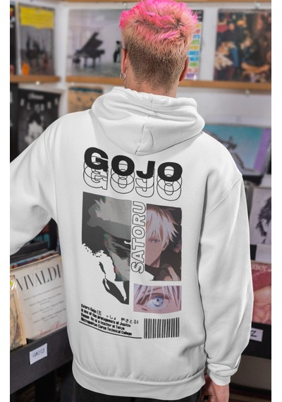 Sevbano Jujutsu Kaisen Gojo Satoru Anime Sırt Baskılı Unisex Oversize Pen beyaz