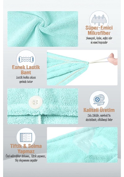 2 Adet Mikrofiber Saç Havlusu Lastikli Plaj Deniz Havuz Bonesi Banyo Saç Kurutma Baş Havlusu Turkuaz Turkuaz