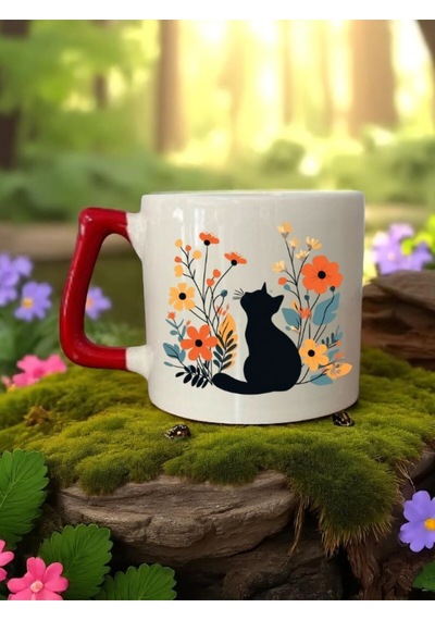 Kedi Ve Çiçek Baskılı Kırmızı Kulplu 3'lü Kupa Bardak Seramik Kahve Bardağı Beyaz