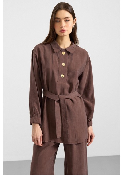 Olcay Metal Düğmeli Soft Kumaş Tunik Pantolon İkili Takım Kahve 9397-tk