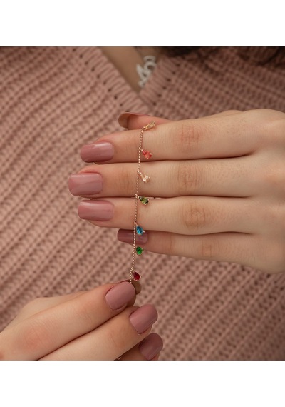 925 Ayar Sıralı Renkli Taşlı Kadın Gümüş Bileklik Pembe Altın