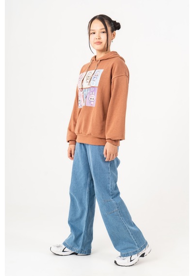 Kız Çocuk Labubu Baskılı 3 İplik Kışlık Şardonsuz Sweatshirt 4540 Kahve