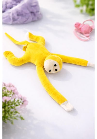 Maymun Yapışkanlı Vikvik Sesli 60cm - Maymun Peluş Oyuncak Açık Sarı
