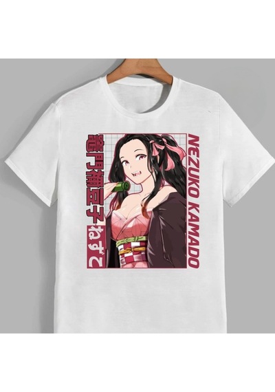 Flood Of Style Anime Desenli Unisex Bay Tişört Kamado Nezuko Iblis Avcısı Beyaz