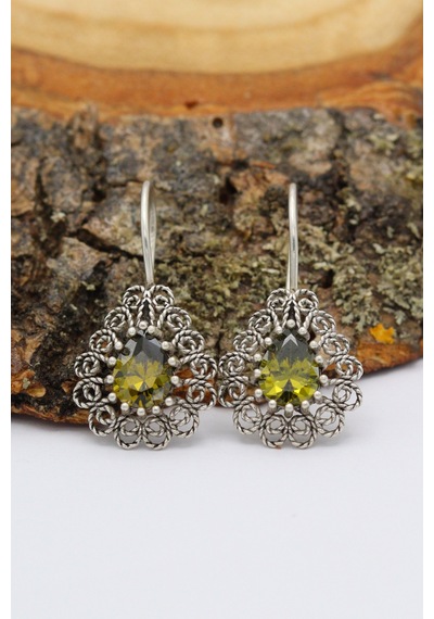 Midyat Nurtaş Gümüş Zeberced Taşlı Damla Model Oksitli Telkari Gümüş Kadın Küpe